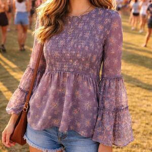 American Eagle Purple Floral Blouse S Bell Sleeves Sheer Festival Boho New